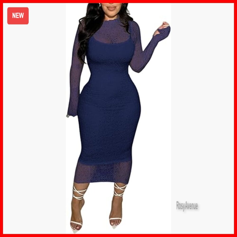 Lace Bodycon Midi Dress Long Sleeve Stretch Formal Party Cocktail